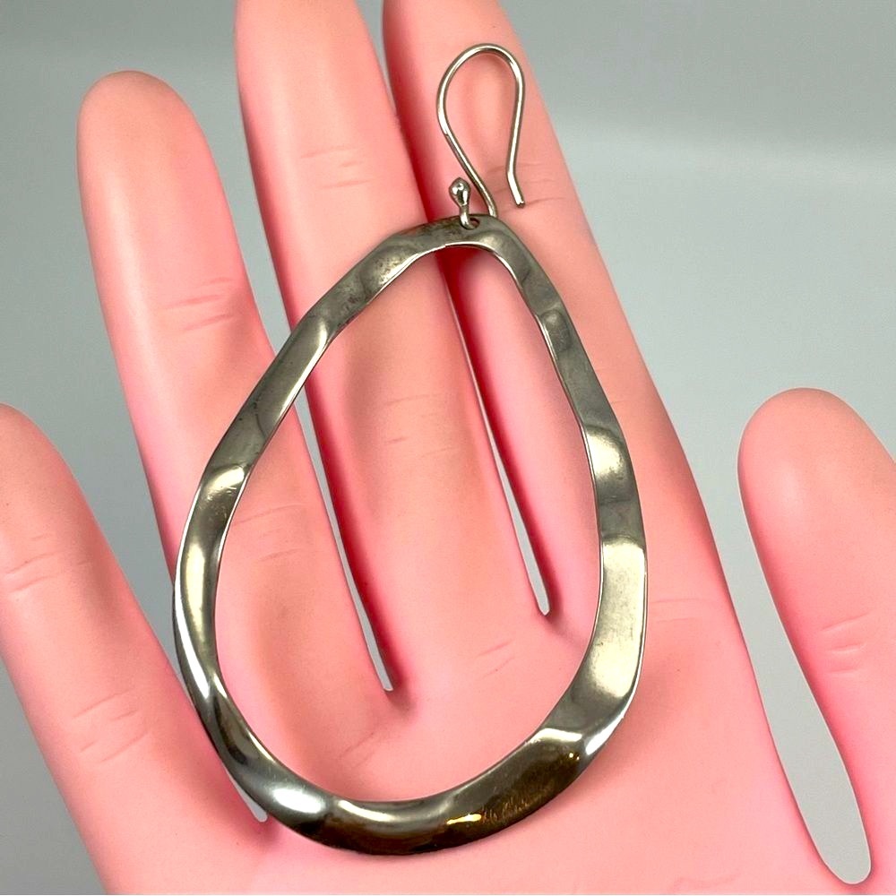 ATI 925 Mexico Sterling Silver Big Dangle Oval Hoop Earrings Hammer Finish